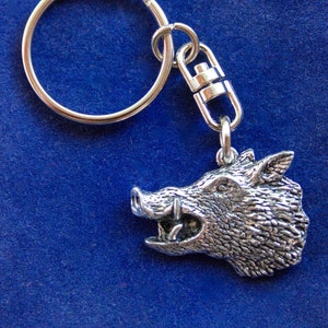 Wild Boar Keyring | Wild Boar Present Idea | Silver Pewter and Stainless Steel | Gift Pouch Included
