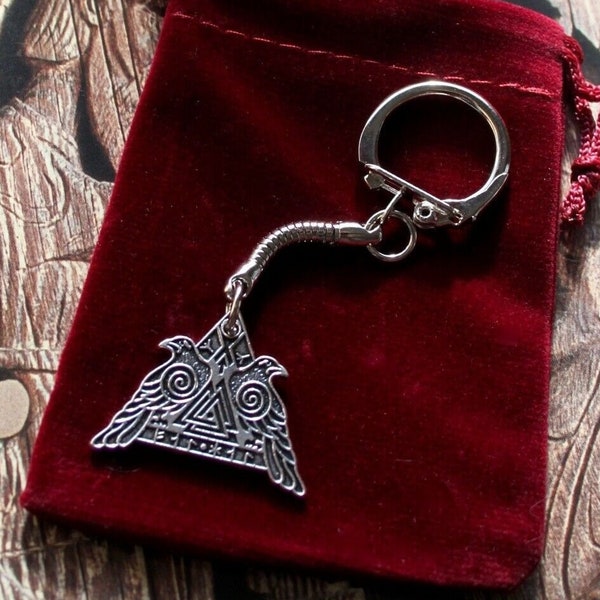 Double-sided Hugin & Munin Odin's Ravens Norse Viking Valknut Rune Crow Keychain Keyring with Gift Pouch