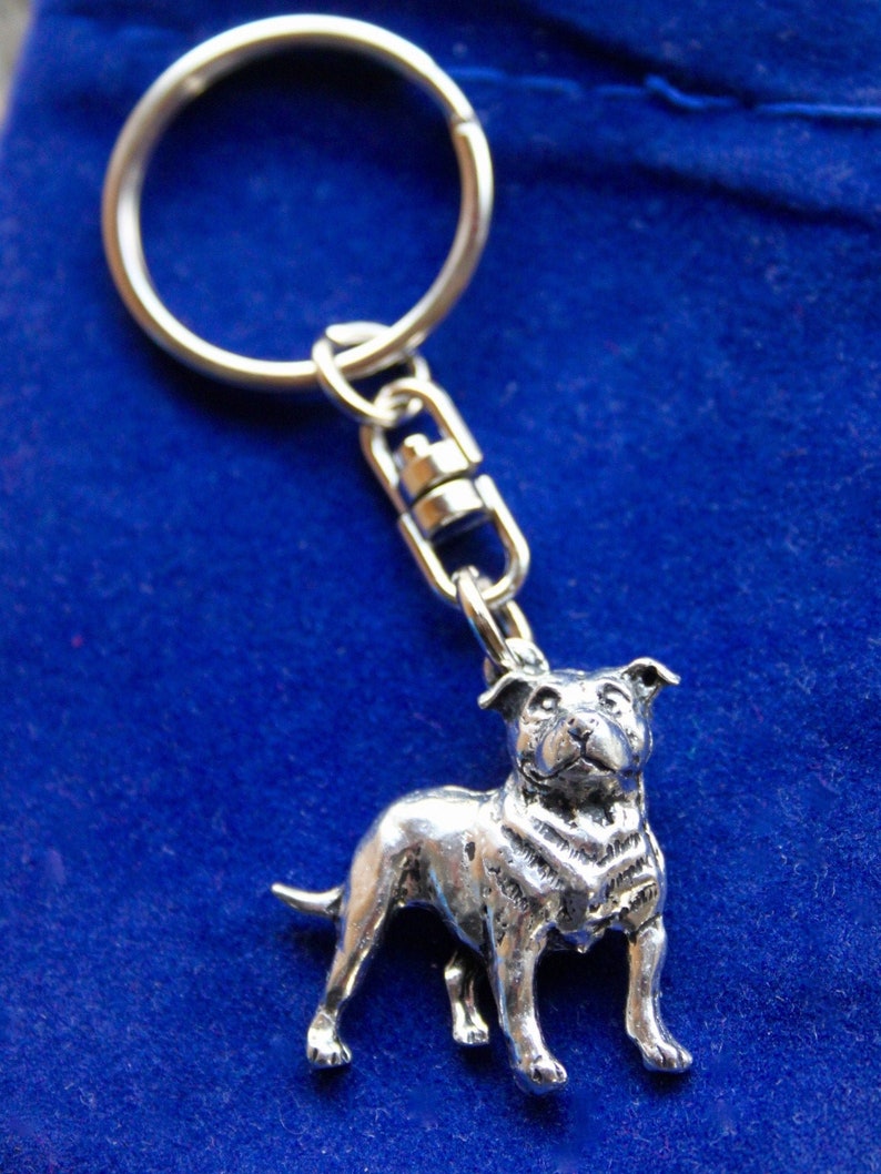 Staffordshire Bull Terrier Staffie Dog Pewter Keyring with Gift Pouch