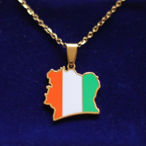 Collier avec pendentif carte et drapeau de la Côte d'Ivoire avec pochette cadeau