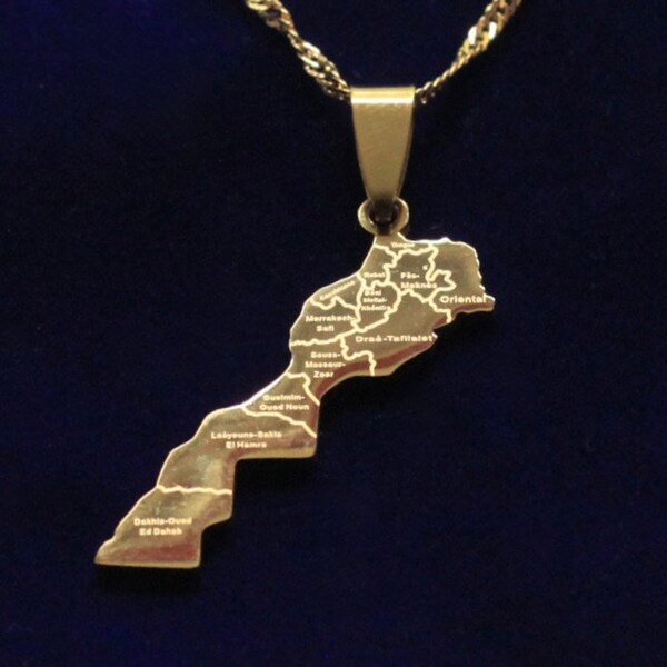 Morocco Map Gold Stainless Steel Pendant Necklace with Gift Pouch