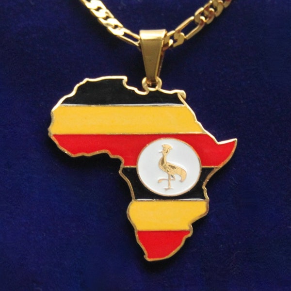 Uganda Flag Africa Map Pendant Necklace with Gift Pouch