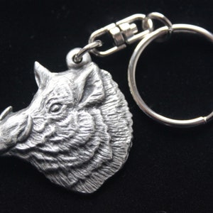Wild Boar Keyring | Wild Boar Present Idea | Silver Pewter and Stainless Steel | Gift Pouch Included