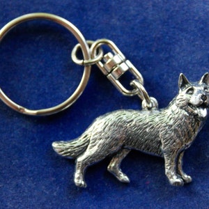 German Shepherd Dog Keyring | German Shepherd Present Idea | Silver Pewter and Stainless Steel | Gift Pouch Included