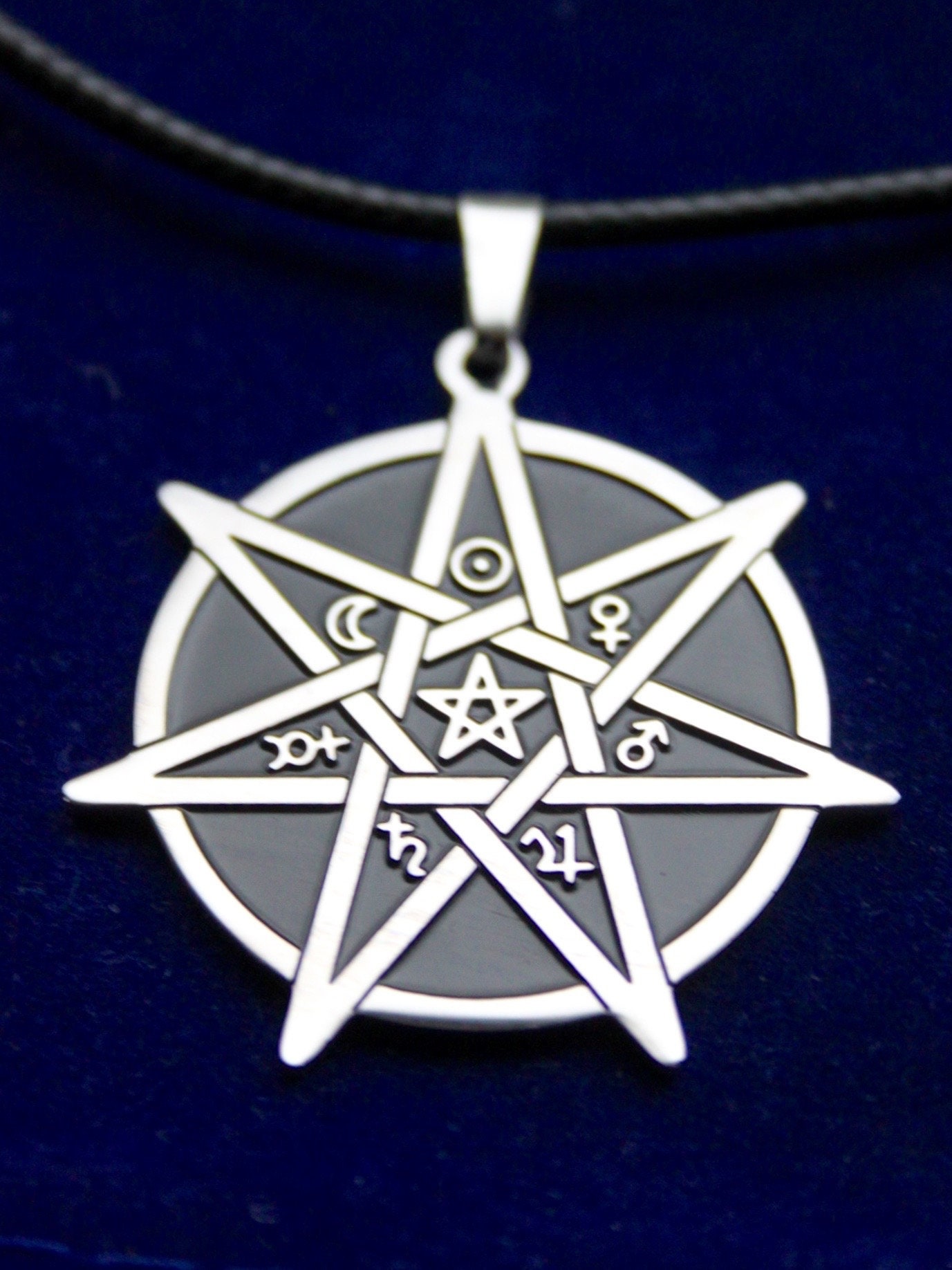 Seven 7 Pointed Star Pentagram Waxed Cord Pendant Necklace With