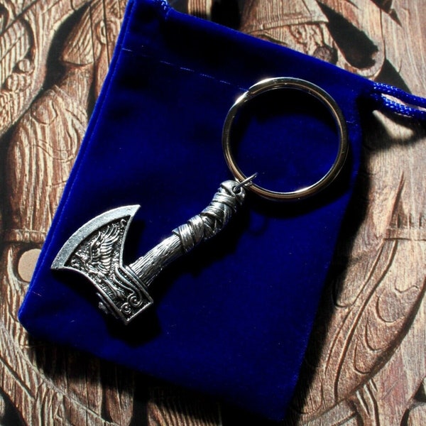 Double-sided Viking Axe Wolf Raven Fenrir Hugin Munin Norse Rune Odin Thor Keyring with Gift Pouch