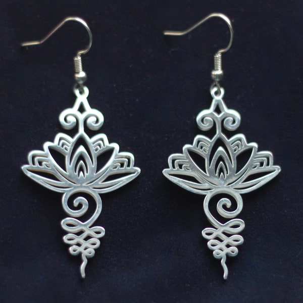 Lotus Flower and Unalome Pendant Earrings with Gift Pouch