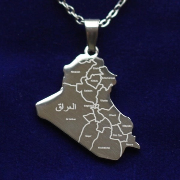 Iraq Map Stainless Steel Pendant Necklace with Gift Pouch