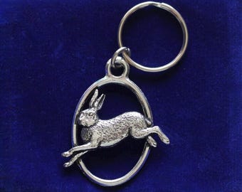 Running Hare Keyring | Silver Pewter and Stainless Steel | Gift Pouch Included