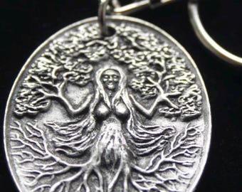 Green Woman Keyring | Goddess Present Idea | Silver Pewter and Stainless Steel | Gift Pouch Included