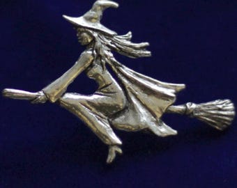 Witch on Broomstick Pewter Pin Badge with Gift Pouch
