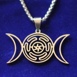 Triple Moon Hekate Wheel Pendant Chain Necklace with Gift Pouch