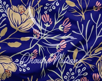 Floral Printed Silk Fabric – Royal Blue Sewing Material, 44 Inches Wide