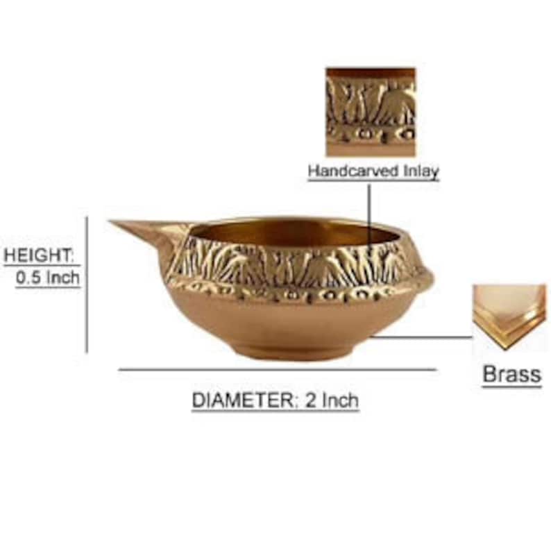 Indian Puja Brass Oil Lamp Golden Diya Lamp Engraved Design Dia 2.5