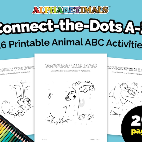 Alphabetimals™ Connect-the-Dots A-Z – 26 Printable Animal ABC Activities / Toddler-Preschool Worksheets / Uppercase Alphabet Coloring Pages