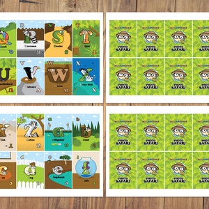 May include: A set of 26 alphabet cards featuring animals and objects. Each card has a letter, an illustration, and the name of the animal or object. The cards are printed on white paper with a green border.