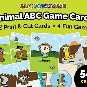 May include: A set of 54+ colorful animal alphabet game cards featuring a variety of animals, each with a letter and a name. The cards are designed for children to learn the alphabet and animal names. The cards are printed on white cardstock and are ready to be cut out and used.