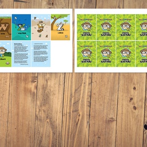 May include: A set of printable photo safari game cards featuring a cartoon character wearing a safari hat and glasses. The cards have the text "Photo Safari" on them.