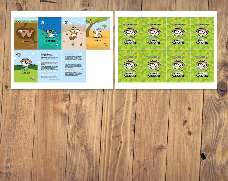 May include: A set of printable photo safari game cards featuring a cartoon character wearing a safari hat and glasses. The cards have the text "Photo Safari" on them.