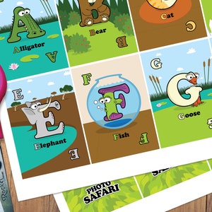 May include: A set of alphabet flashcards featuring colorful illustrations of animals and objects. Each card has a large letter, a picture, and the name of the animal or object. The letters are A, B, C, D, E, F, G, H.
