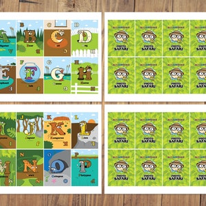 May include: A set of 20 printable alphabet cards featuring animals from A to P. Each card has a colorful illustration of an animal and its corresponding letter. The cards are designed for a photo safari theme.