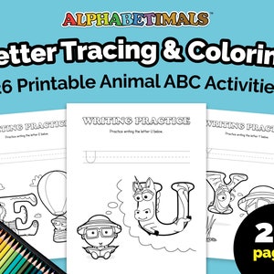 Alphabetimals™ Trazado y coloración de letras: 26 actividades imprimibles del ABC de animales/Hojas de trabajo para niños pequeños en edad preescolar/Práctica de escritura en mayúsculas