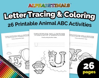 Alphabetimals™ Letter Tracing & Coloring – 26 Printable Animal ABC Activities / Toddler-Preschool Worksheets / Uppercase Writing Practice