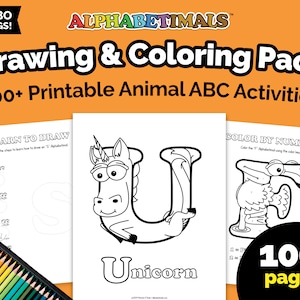 Alphabetimals™ Drawing & Coloring Pack 100 Printable Animal ABC Activities / Learn to Draw / Color By Number / Animal Coloring image 1