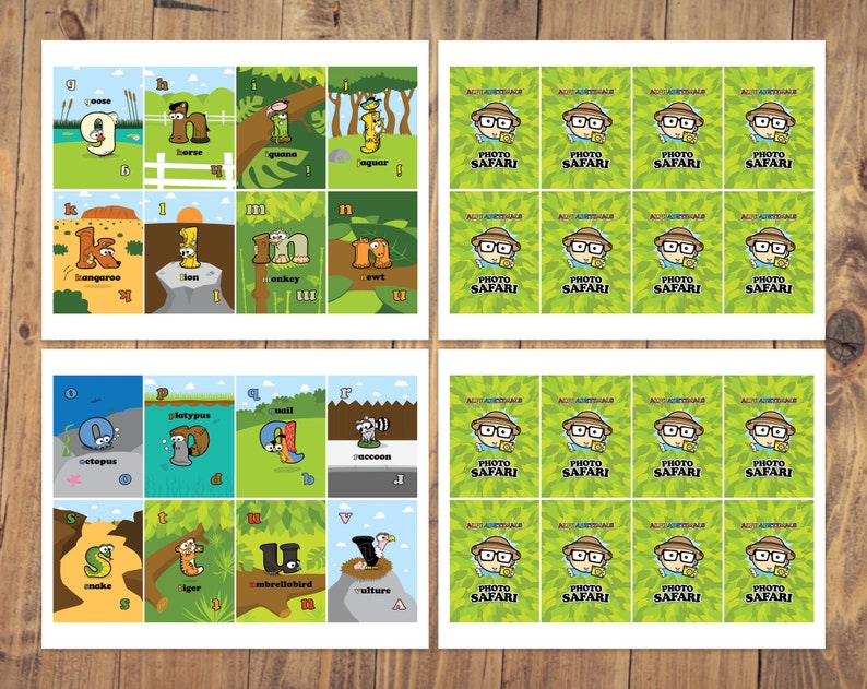 May include: A set of 20 colorful alphabet flashcards featuring animals and the letters of the alphabet. Each card has a green background with a jungle theme. The cards are perfect for teaching children the alphabet and animal names.