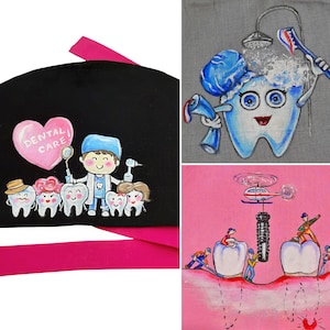 Dentist scrub caps, dental surgical cap, teeth scrub hats, tooth scrub hat, hand painted