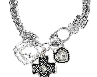 Brighton Inspired Silver Heart  Crystal Cross Stone Pendant Bracelet