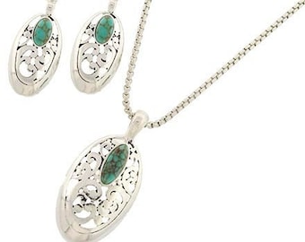 Silver Turquoise Filigree Oval Necklace Set Brighton Inspired