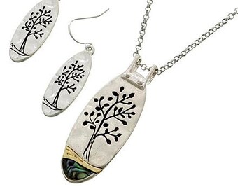 Silver Abalone Tree Of Life Necklace Set  Brighton Inspired