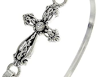 Brighton Inspired Open Crystal Cross Hook Bangle Bracelet