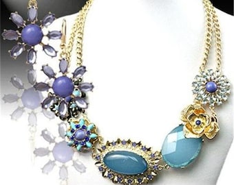 Hawaiian Teal Blue  Glass Flower Art Necklace Earring  SET