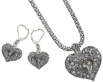 Brighton Inspired Marcasite Heart Foxtail Chain Necklace Earring Set