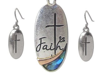 Silver Oval Faith Cross Abalone Shell Pendant NECKLACE EARRINGS Set