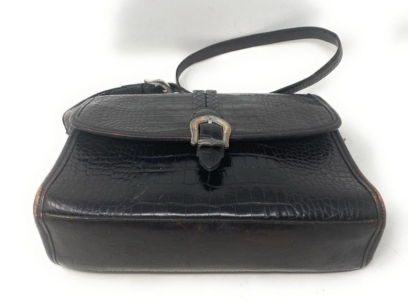 Vintage Brighton Black Croc Embossed Leather Silver Belt Buckle Shoulder Bag image 4