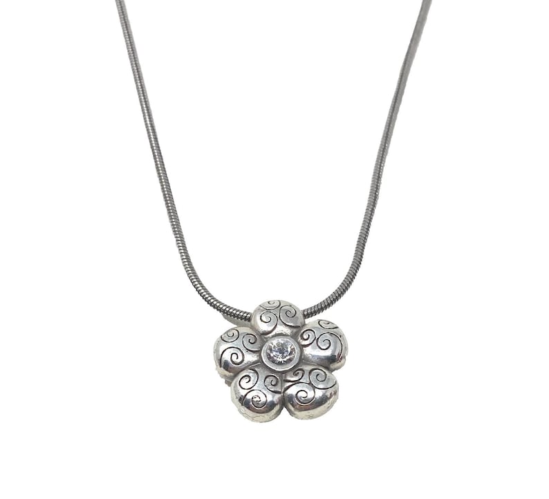 Brighton La Vie Crystal Center Etched Flower Silver Pendant Necklace image 1
