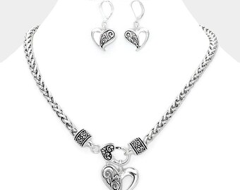 ★ROSEMONT★ Silver Heart Earrings Necklace Set RC24B14E SET Silver Heart Necklace Earrings Set With Cubic Zirconia