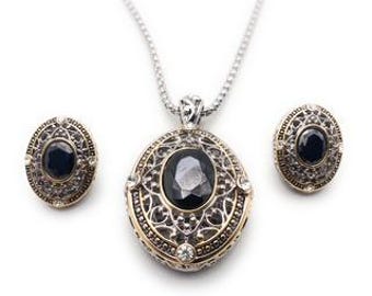 Silver Filigree Gold Framed Black Crystal Pendant Necklace Earring Set Brighton Inspired
