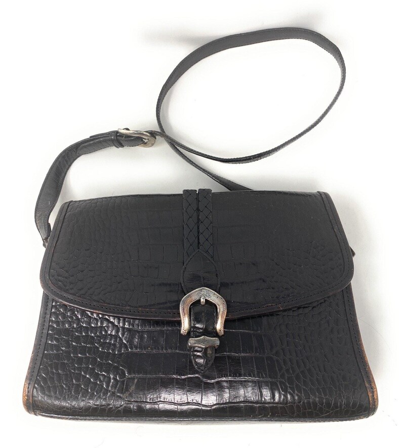 Vintage Brighton Black Croc Embossed Leather Silver Belt Buckle Shoulder Bag image 5