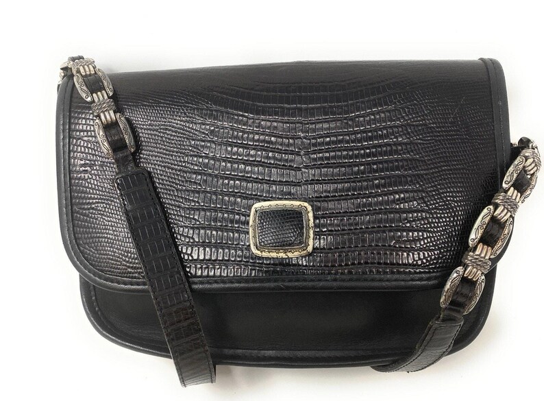 BRIGHTON Black Leather Crossbody Silver Chain Buckle Link Strap Bag Purse U.S.A image 2