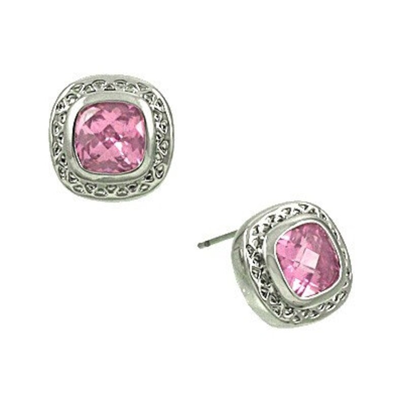 May include: A pair of silver earrings with pink square-shaped gemstones set in a textured frame.