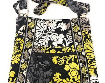 Vera Bradley Baroque Saddle Up Bag Purse Crossbody Black Yellow Floral