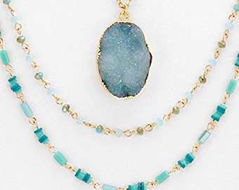 Conjunto de collar largo con cuentas de turquesa y varias hebras Druzy