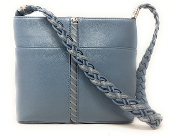 Brighton Beaumont Heaven Blue Pebble Leather Purse Shoulder Square Bucket Bag