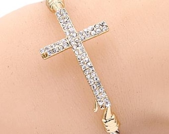 Brighton Inspired Open Crystal Gold wire Cross Hook Bangle Bracelet