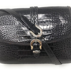Vintage Brighton Black Croc Embossed Leather Silver Belt Buckle Shoulder Bag image 1