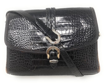 Vintage Brighton Black Croc Embossed Leather Silver Belt Buckle Shoulder Bag